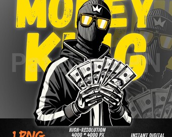 Money King PNG | Gangsta Man Holding Cash | Urban Graffiti Art Clipart for Streetwear T-Shirts | Hip Hop Sublimation Design