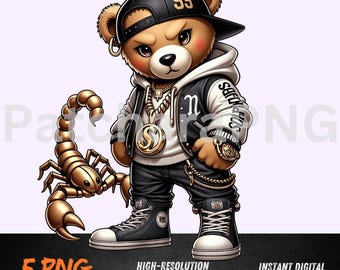Scorpio Zodiac Hip-Hop Teddy Bear Clipart | Cool Cartoon Bear with Scorpion & Gold Chain | Digital Download PNG for T-Shirts, Sublimation