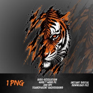 Könnte beinhalten: Eine digitale Grafikillustration eines Tigergesichts mit orangefarbenem, schwarzem und weißem Fell, die einen Krallenspuren-Effekt auf der linken Seite aufweist. Der Text lautet 1 PNG, HIGH-RESOLUTION 4000 * 4000 PX 300 DPI TRANSPARENT BACKGROUND.