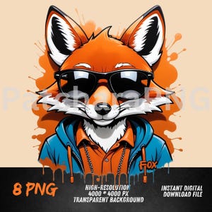 Swag Fox PNG | Fox Clipart w bluzie z kapturem i okularach przeciwsłonecznych | Urban Cartoon Animal Sublimation Art