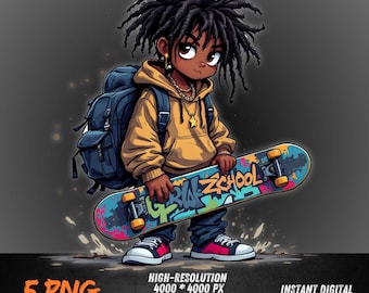 Skater Black Girl PNG | Urban Streetwear Afro Girl Clipart | Graffiti Skateboard Back to School Sublimation | Digital Download for Shirt Mug