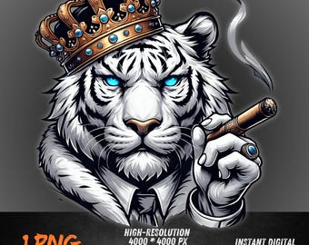 White Tiger King PNG | Alpha Tiger Clipart with Crown and Cigar | Royal Gangsta Jungle Art | Sublimation Boss Tiger PNG