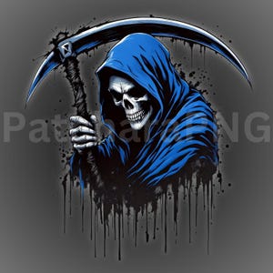 May include: Illustration of the Grim Reaper in a blue hooded cloak, holding a scythe. The skull is white, with a black and gray background. Black paint drips down from the bottom of the image.