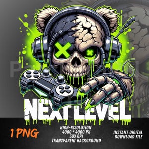 May include: Digital illustration of a skull wearing headphones and holding a game controller. The skull has green glowing eyes and is surrounded by green splatters. The words "NEXT LEVEL" are written in white, with additional text below.