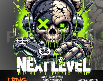 Ours crâne de joueur de niveau supérieur PNG | Clipart gaming vert néon | Sublimation de contrôleur PNG pour t-shirts, sweats à capuche, transferts DTF