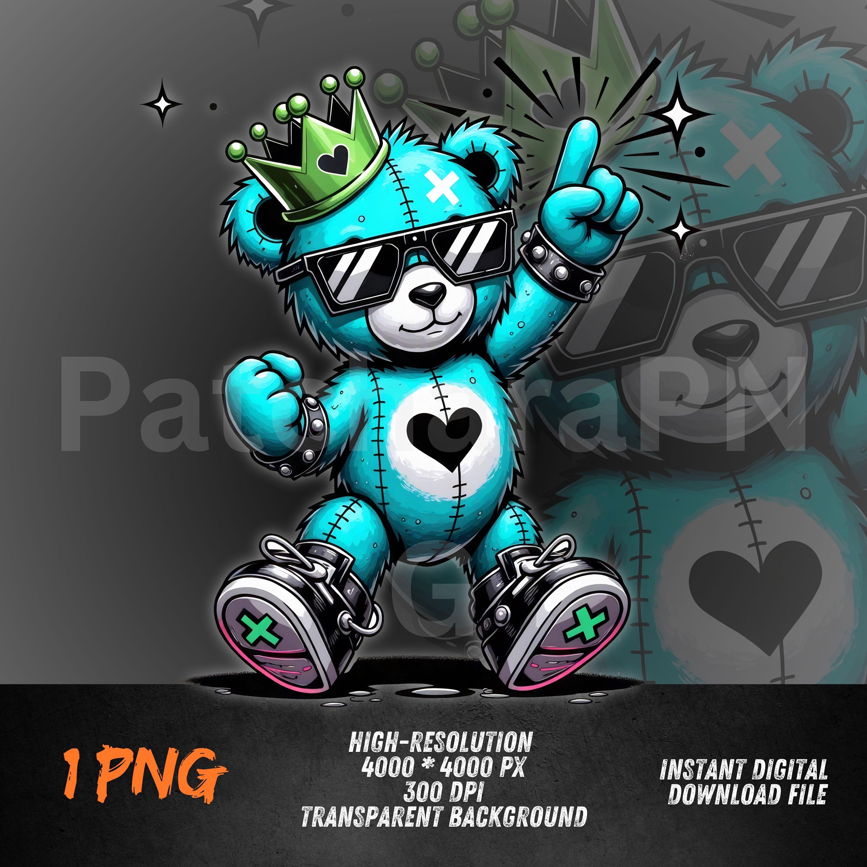 Cool Blue Bear PNG – Crowned Graffiti Teddy Clipart With Shades
