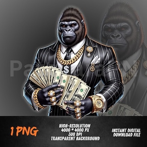Gangster Gorilla PNG | Money Gorilla Clipart for Sublimation | Hip Hop Ape Art | Streetwear Shirt Design | Transparent Background