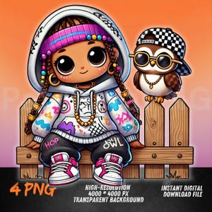 Hip-Hop Girl and Owl PNG | Urban Cartoon Sublimation Design | Cute Streetwear Digital Art for T-Shirts & Decor
