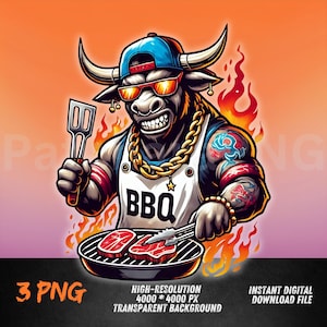 May include: A cartoon bull wearing a blue baseball cap, sunglasses, and a white apron with the word "BBQ" on it. The bull is holding a spatula and tongs, and there are two pieces of meat on a grill in front of him. The background is a fiery orange and pink.