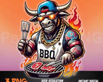 BBQ Bull PNG | Grill Master Bull Clipart with Apron and Spatula | Summer BBQ Animal Sublimation | Funny Beef Digital Art