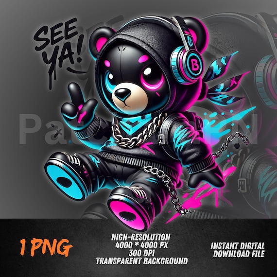 Neon Teddy Bear PNG | Glow Headphone Bear Clipart | Cyber Street
