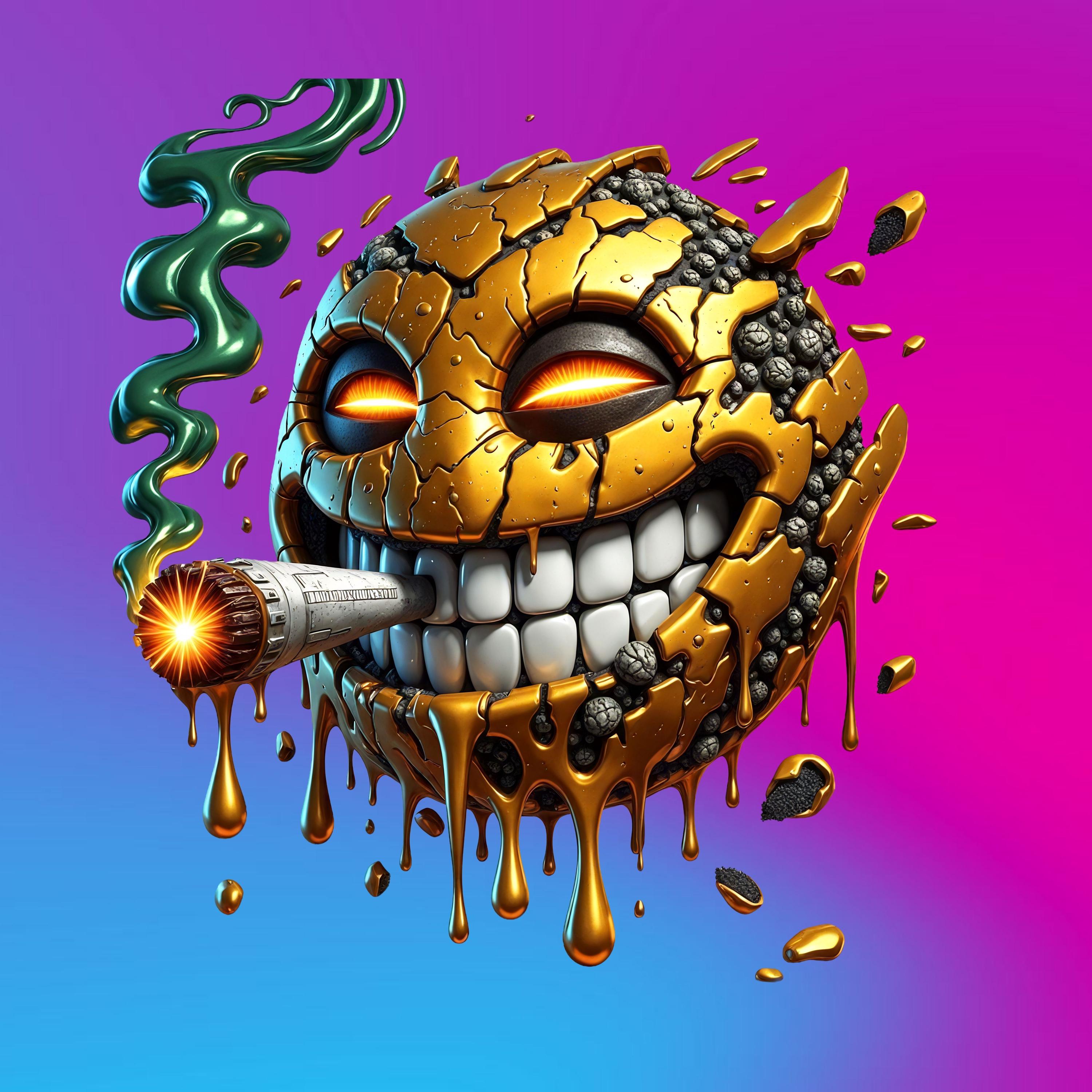 Golden Smiley Face PNG, Smoking Grunge Clipart for Streetwear DTF