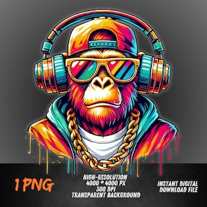 May include: A colorful illustration of a monkey wearing a baseball cap, sunglasses, and headphones. The monkey is wearing a gold chain around its neck. The background is a gradient of blue, green, and yellow.