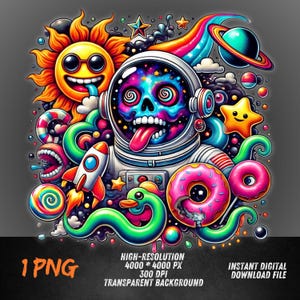 Calavera de astronauta psicodélica PNG / Pato espacial psicodélico con dona / Arte digital para sublimación e impresión DTF