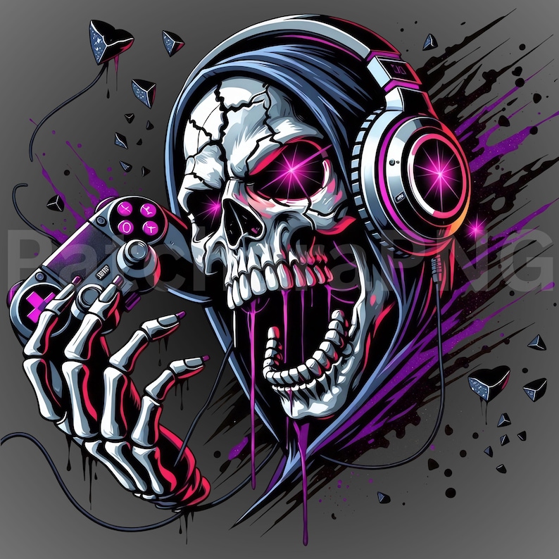 Peut inclure: Illustration d'un cr&acirc;ne portant un casque et une capuche, tenant une manette de jeu vid&eacute;o. Le cr&acirc;ne a des yeux roses brillants et est entour&eacute; d'accents violets et noirs. La manette a des boutons roses.