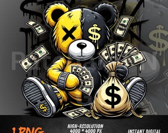 Geld Hustle Bär PNG, Urban Streetwear Graffiti Charakter für DTF & Sublimation, Hip Hop Rich Teddy Clipart