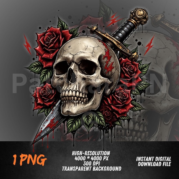 Gothic Skull PNG, Skull Rose Dagger Shirt Design, Dark Tattoo Style Sublimation, Digital Download
