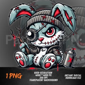 グラフィティバニーPNG | スプレー缶付きダークキュートバニークリップアート | アーバンストリートアートウサギ | エッジの効いたキャラクター昇華PNG