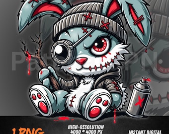 Graffiti Bunny PNG | Dark Cute Bunny Clipart with Spray Can | Urban Street Art Rabbit | Edgy Character Sublimation PNG