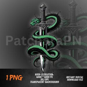 Può includere: Illustrazione digitale di una spada con un serpente verde e nero avvolto. La testa del serpente è in alto, la lama della spada al centro. Il testo include "ALTA RISOLUZIONE 4000 * 4000 PX 300 DPI SFONDO TRASPARENTE" e "DOWNLOAD DIGITALE IMMEDIATO".