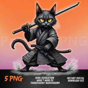 Könnte beinhalten: Eine schwarze Katze, die als Samurai-Krieger verkleidet ist und ein Katana-Schwert hält. Die Katze hat gelbe Augen und trägt ein schwarzes und graues Samurai-Outfit. Der Hintergrund ist ein Farbverlauf von Orange und Rosa.