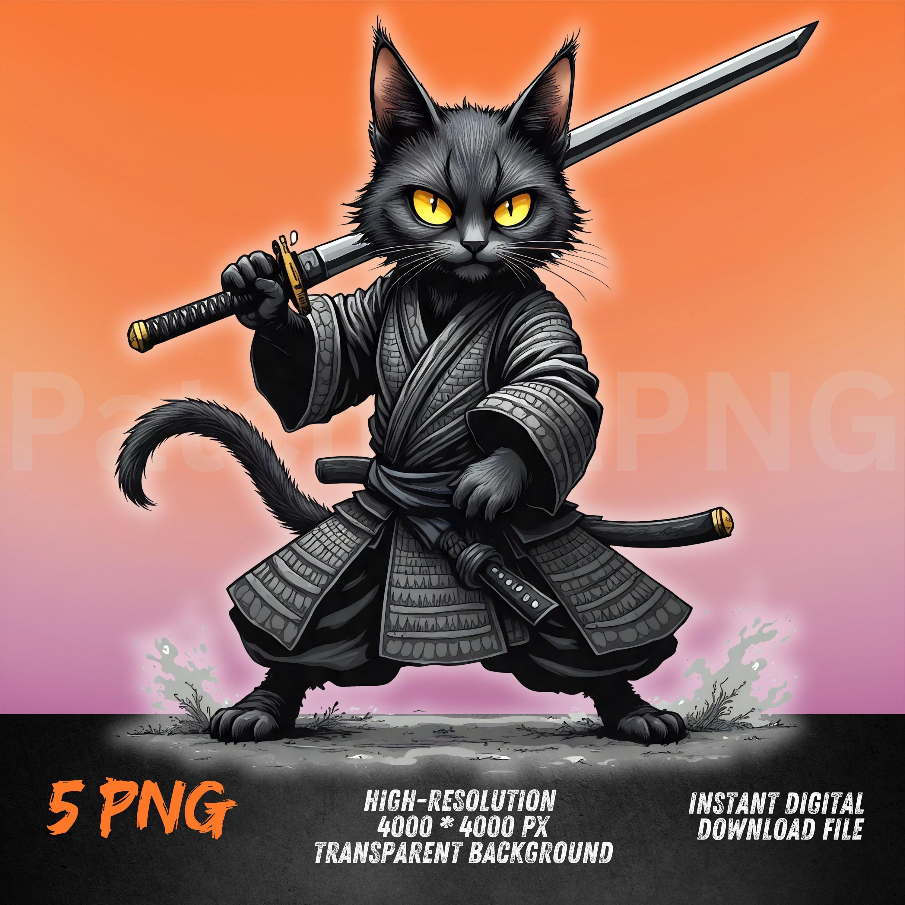 忍者猫PNG | カタナを持ったサムライ猫のクリップアート | ステルス
