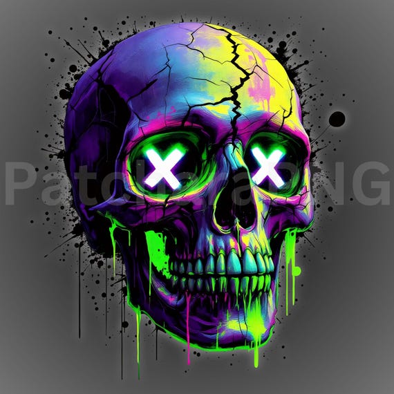 Neon Skull PNG | Dripping Skull Clipart for Sublimation