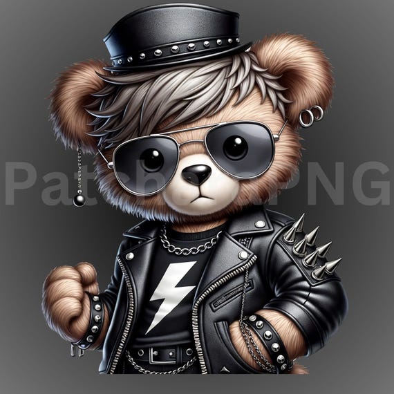 Rockstar Bear PNG | Punk Teddy Clipart With Sunglasses | Leather