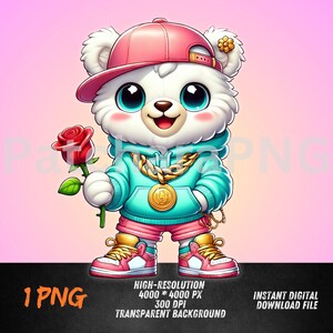 Adorable Hip-Hop Bear with Rose PNG | Kawaii Streetwear Animal Clipart | Cute Bear Digital Download for T-Shirts, Stickers, and Sublimation