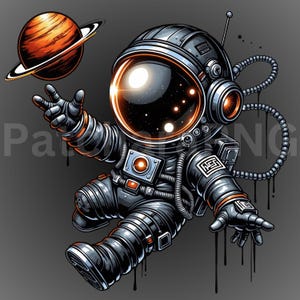 May include: Illustration of an astronaut in a spacesuit, floating in space with a planet. The astronaut is wearing a dark gray suit with orange accents and a clear helmet. The planet is orange with a ring around it. The background is gray.