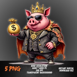 Rey Cerdo PNG / Cerdo Gangsta Clipart con Bolsa de Dinero y Corona / Arte Animal Royal Hustler / Diseño de Cerdo Jefe Sublimado PNG