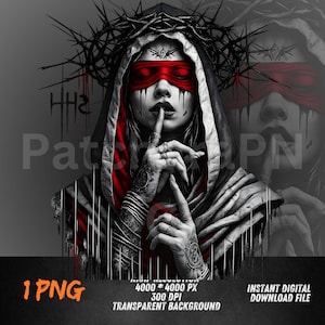 Dark Gothic Hooded Woman PNG | Graffiti Style Red Blindfold Art for Streetwear & DTF Designs