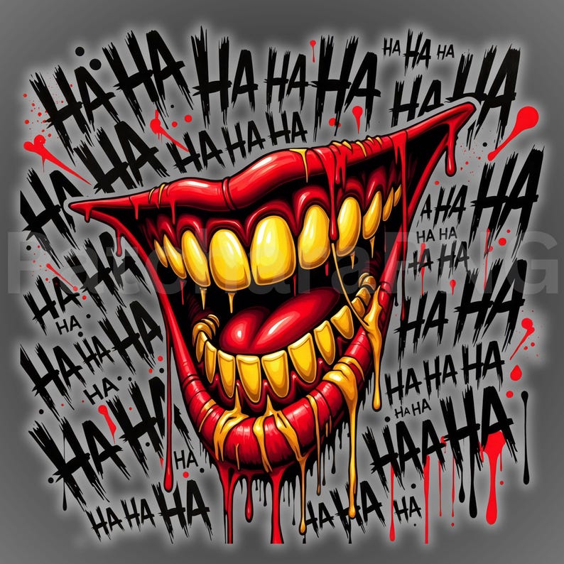 Pu&ograve; includere: Un'illustrazione digitale di una bocca spalancata e sorridente con denti giallo brillante e fluidi rossi e gialli che gocciolano. La parola "HA" &egrave; ripetuta in un motivo caotico attorno alla bocca, creando un effetto minaccioso.