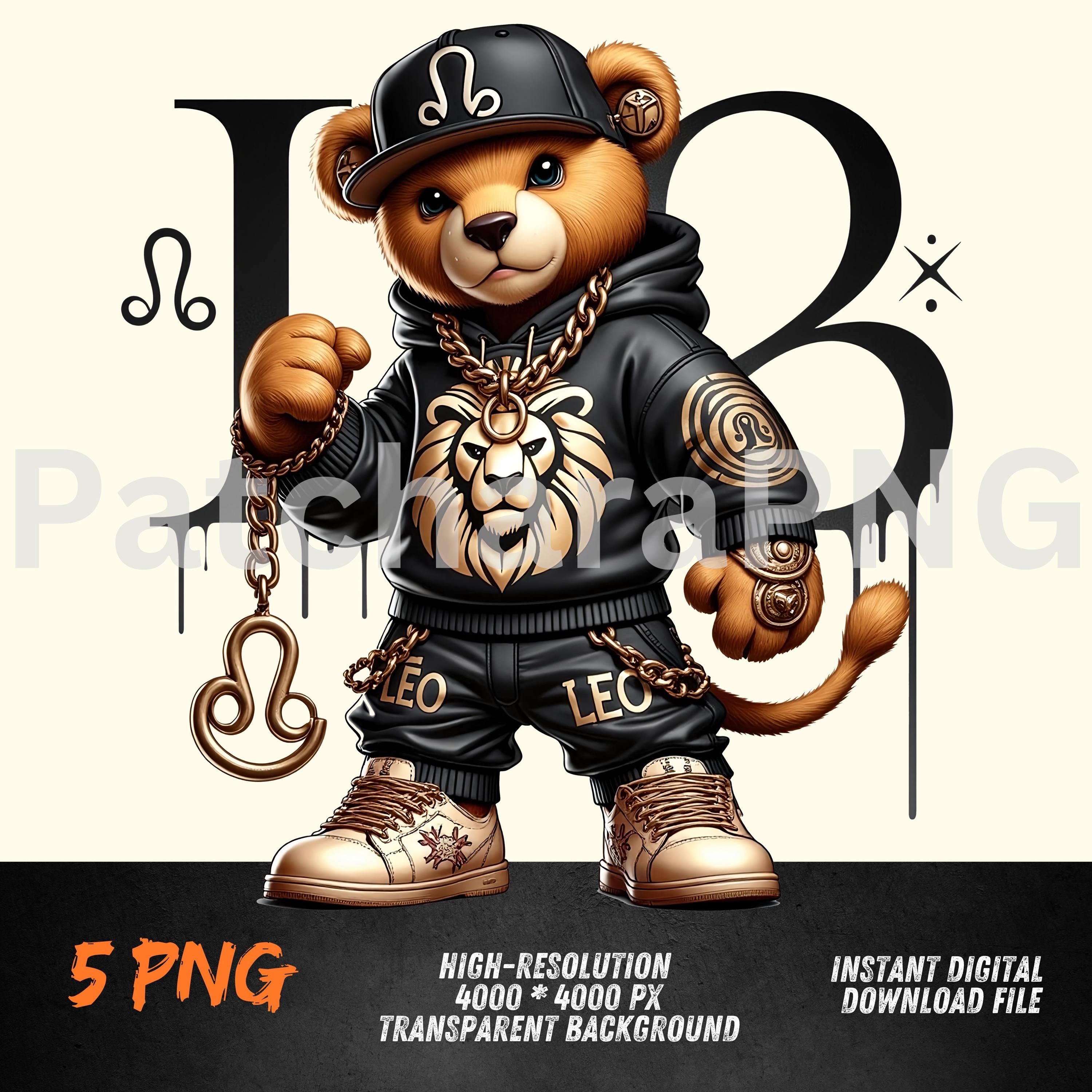 Leo Zodiac Hip-Hop Bear Clipart | Cool Cartoon Bear with Lion Chain & Cap | Digital Download PNG for T-Shirts, Sublimation
