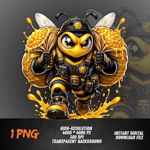 May include: A cartoon bee character wearing a black tactical vest and helmet, carrying two large sacks overflowing with golden honeycomb and dripping honey. The bee has yellow and black stripes, large eyes, and wears sturdy yellow boots.