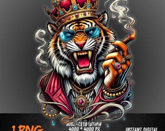 Tiger King PNG | Crowned Tiger Clipart in Jacket | Powerful Beast Design | Sublimation Jungle Royal Art | Fantasy Urban PNG