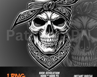Black Bandana Skull PNG | Gangsta Skull Clipart in Dark Theme | Biker Skull Art for Sublimation | Edgy Skull Design | Shirt PNG