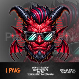 Devil Face PNG | Red Horned Demon with Glasses | Gothic Evil Clipart | Cool Street Horror Sublimation PNG