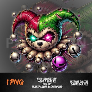 Horror Teddy Bear Jester PNG Neon Eyes Graffiti Cartoon Shirt Design DTF Sublimation Digital Download