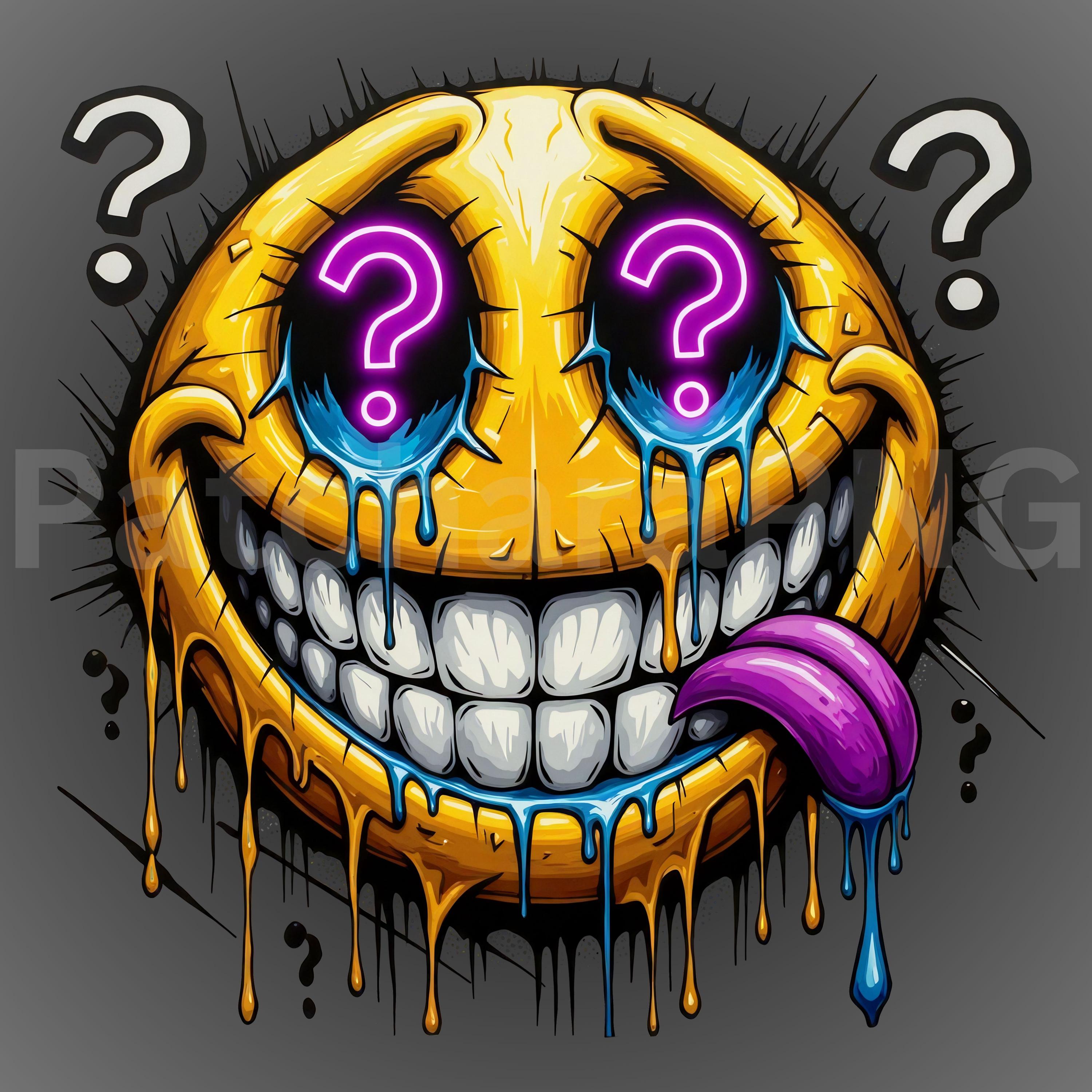Crazy Smiley PNG With Question Eyes – Graffiti Drip Face Art for