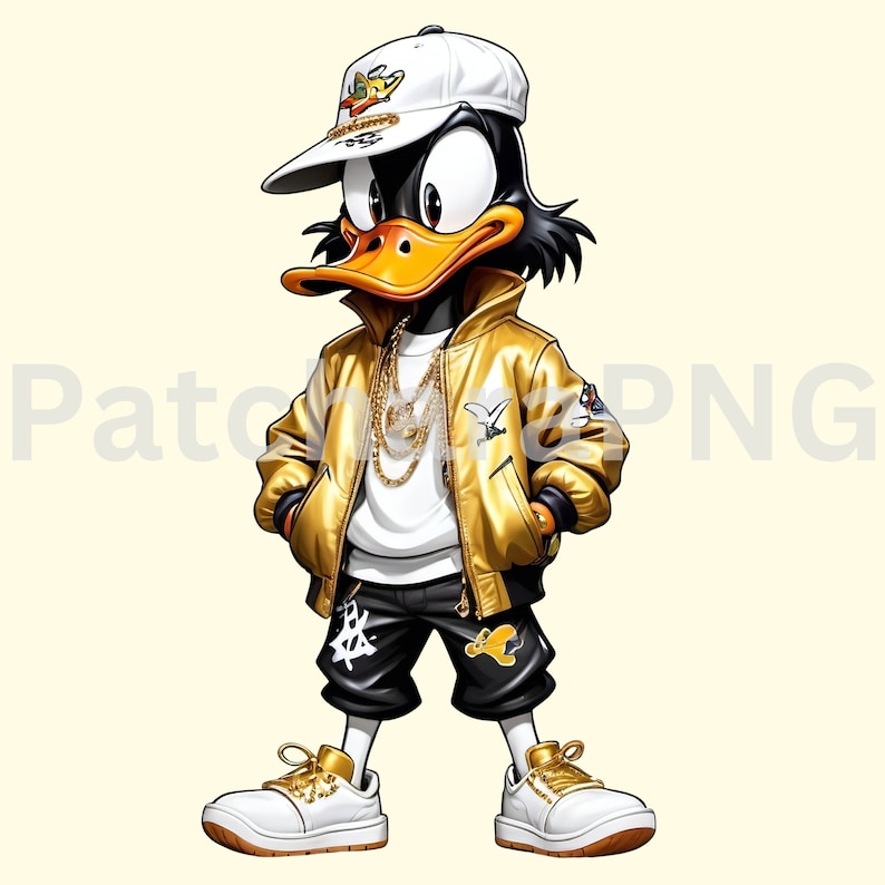 Pode incluir: Um pato de desenho animado vestindo uma jaqueta dourada, cal&ccedil;as pretas, t&ecirc;nis brancos e um bon&eacute; de beisebol branco com um colar de corrente de ouro.