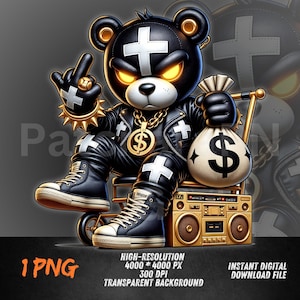 Gangsta Bear PNG | Urban Money Bag Teddy Clipart for Streetwear Shirts | Digital Download for DTF & Sublimation