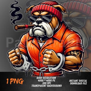 Puede incluir: Ilustración digital de un bulldog con gorro rojo y gafas de sol, fumando un cigarro y vistiendo un uniforme naranja de prisión con esposas. La imagen incluye el texto "1 PNG", "ALTA RESOLUCIÓN 4000 * 4000 PX 300 DPI FONDO TRANSPARENTE" y "DESCARGA DIGITAL INSTANTÁNEA".