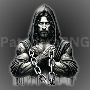 Pu&ograve; includere: Illustrazione in bianco e nero di una persona con capelli lunghi e barba, che indossa una felpa con cappuccio. La persona tiene delle catene e ha tatuaggi sulle braccia. Lo sfondo &egrave; un gradiente di grigio.