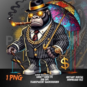 Gangsta Gorilla PNG | Mafia Gorilla Clipart with Gold Chain & Colorful Umbrella | Streetwear Sublimation Design for T-Shirts , Hoodies