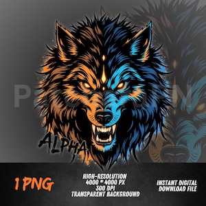 Puede incluir: Ilustración digital de la cabeza de un lobo, dividida verticalmente con tonos naranja y azul. La palabra "ALPHA" está escrita en texto estilizado debajo de la boca rugiente del lobo. La imagen incluye texto que indica que es un archivo PNG transparente de alta resolución.