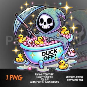 死神アヒルPNG | お風呂で面白い死神クリップアート | ダックオフ引用デザイン | ブラックユーモア昇華PNG | 漫画の頭蓋骨アート