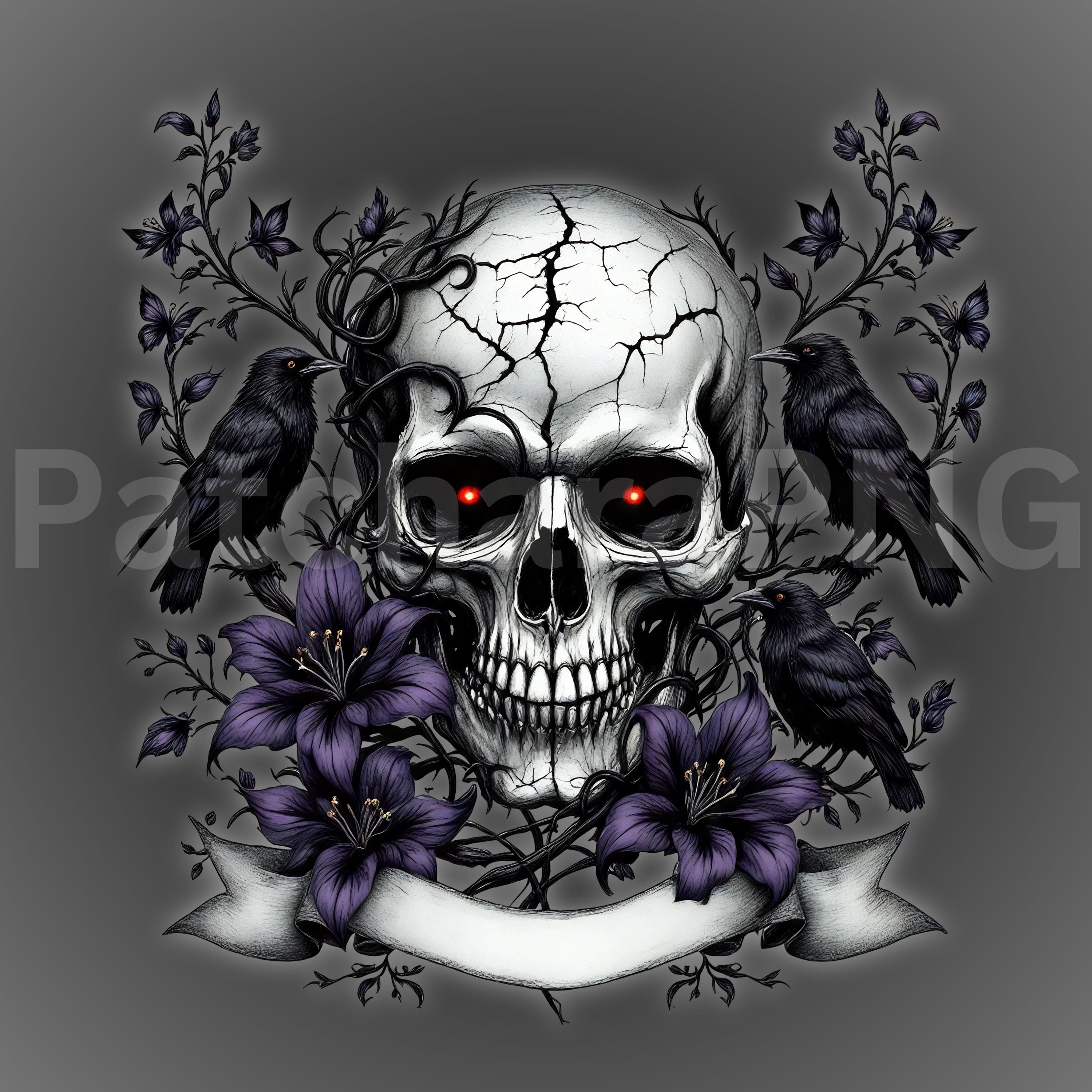 Gothic Skull With Ravens PNG, Dark Floral Skull Sublimation