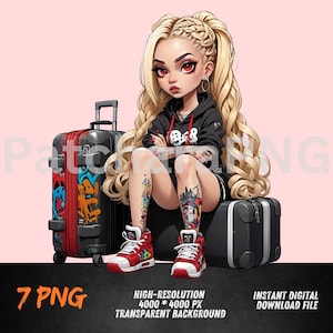 girl trip ,Hip-Hop Girl Cartoon Graffiti Art - Blonde Braids with Luggage,Hip-Hop Art,Digital Download,Streetwear Art,Edgy Girl
