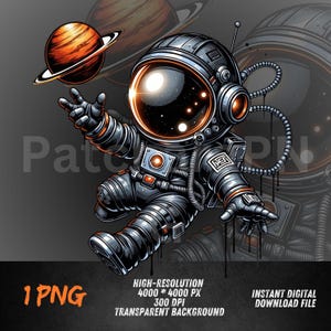 May include: A digital illustration of an astronaut in a black and orange spacesuit, floating in space. The astronaut is reaching for a planet with rings. The image includes the text "1 PNG", "HIGH-RESOLUTION", and "INSTANT DIGITAL DOWNLOAD FILE".